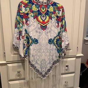 Beautiful bohemian kimono. Multi color with white fringe. Flying Tomato brand.